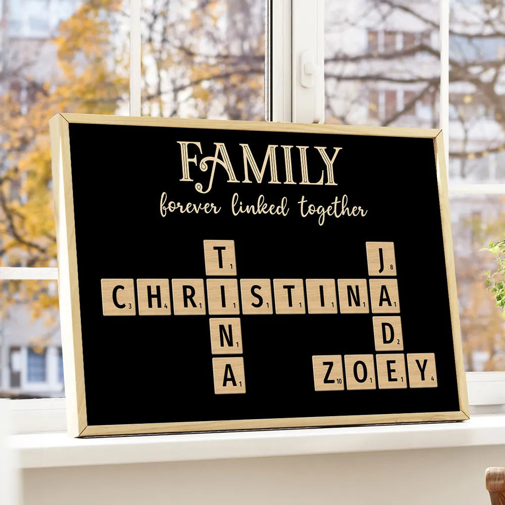 Family Forever Linked – Personalized Family Scrabble Poster, Keychain, Plaque, Ornament, Pillow, Cup, Sign, and Wallet Card for Mother’s Day or Family Gifts