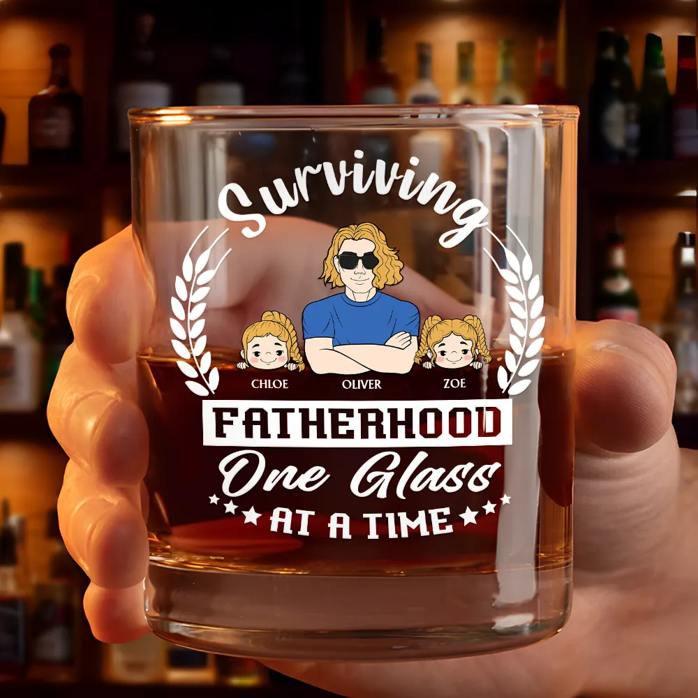 Funny Fatherhood Whiskey Glass with Family Names – Surviving Fatherhood One Glass at a Time, Ideal Father’s Day Gift