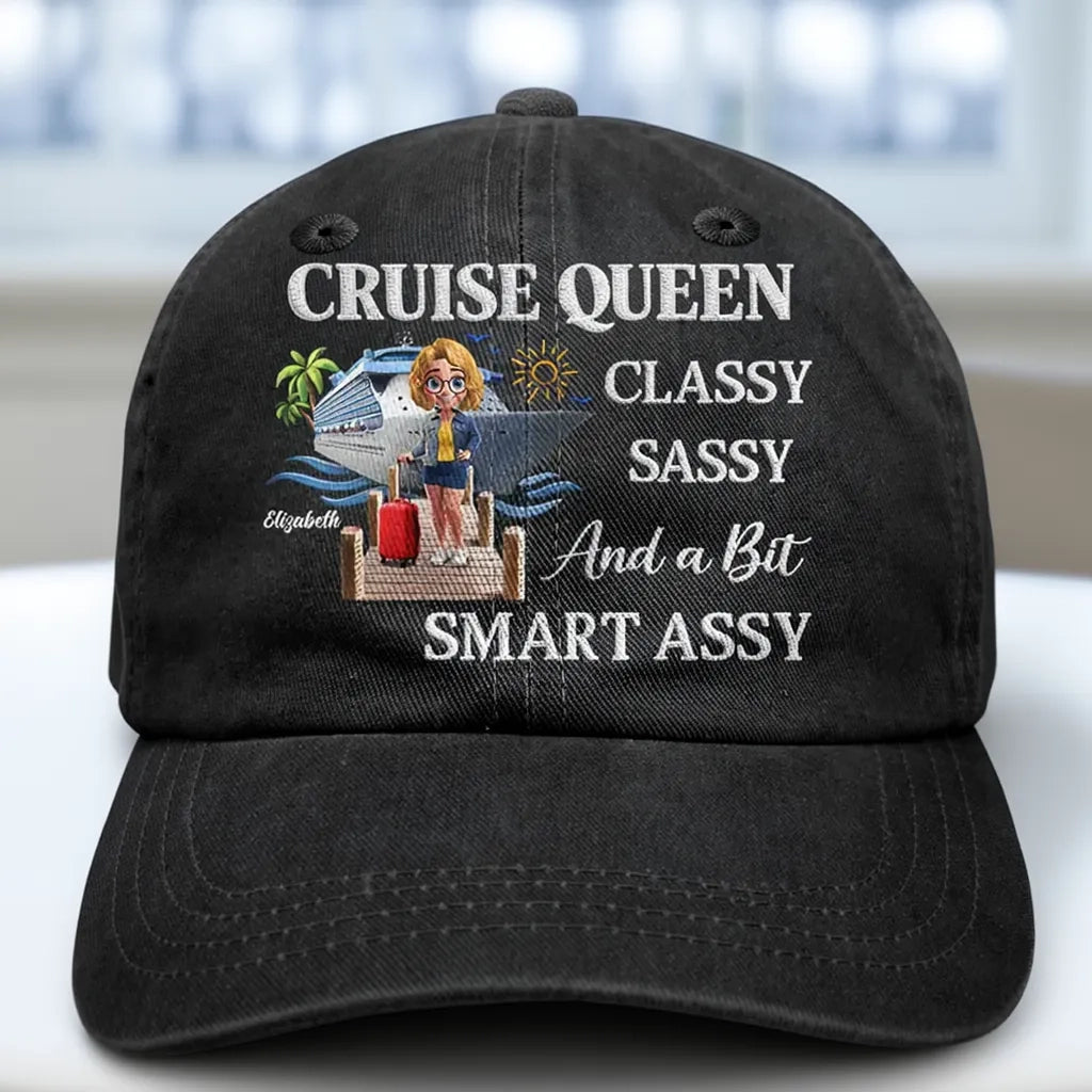 Personalized Washed Denim Baseball Cap, Cruise Queen Classy Sassy Graphic, Unique Funny Gift for Travel Lovers