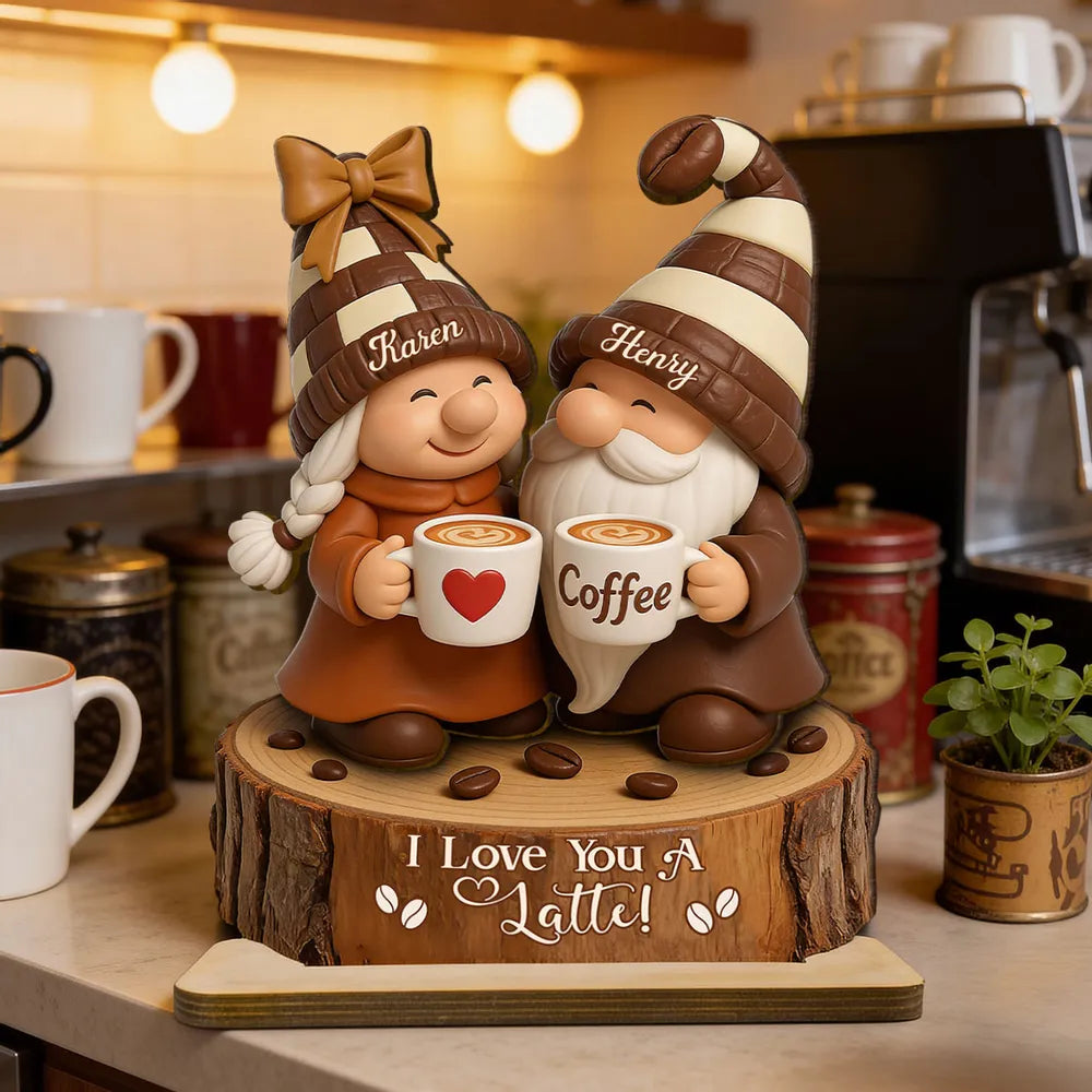 Personalized Wooden Plaque with Cute Coffee Gnomes, Rustic Countertop Decor, Unique Couple Gift for Growing Old Together