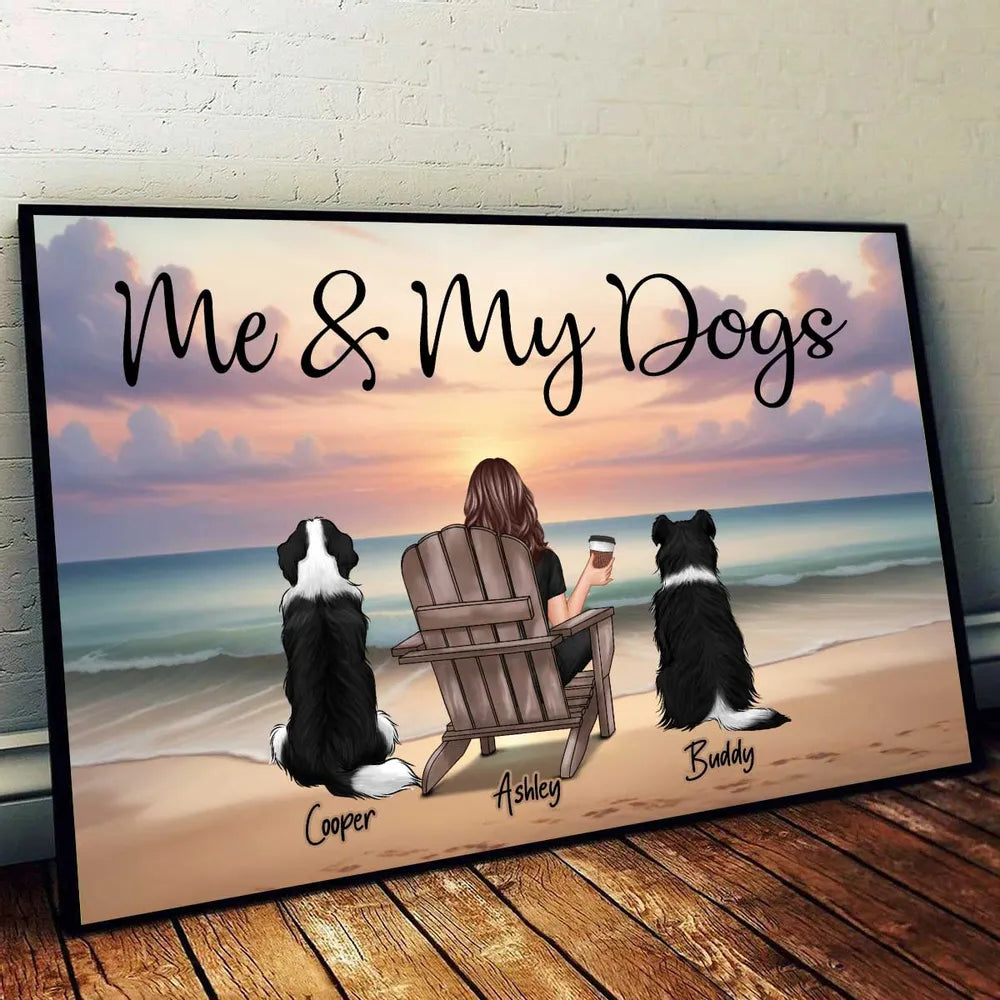 Personalized “Me & My Dogs” Beach Sunset Poster, Custom Pet Lover Wall Art, Unique Gift for Dog Owners