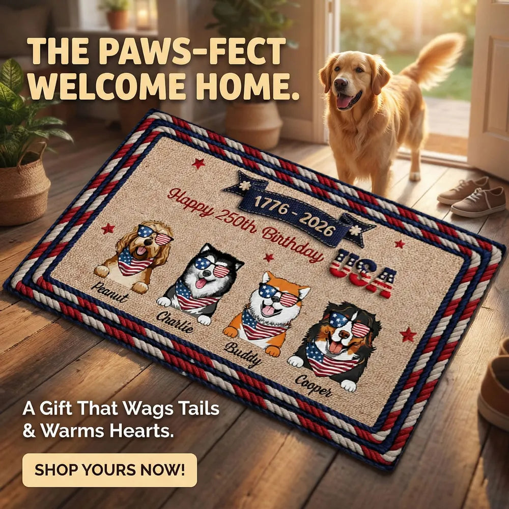 Personalized USA 250th Birthday Dog Standard Doormat for Entryway - Custom Pet Gift Idea with Patriotic Style