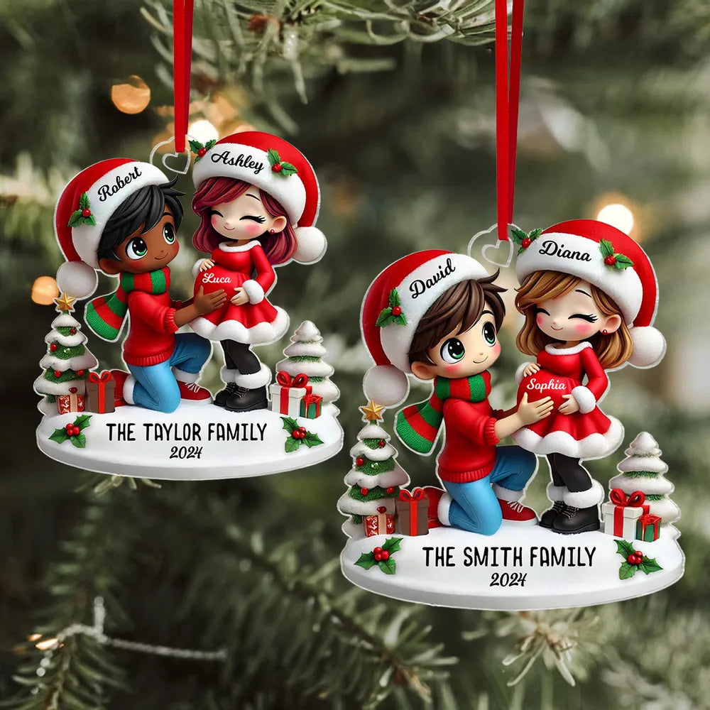 Christmas Acrylic Ornament - Expecting Couple with Santa Hats, Baby-Bump Moment, Festive Keepsake, a Unique Gift for New Mom & Dad
