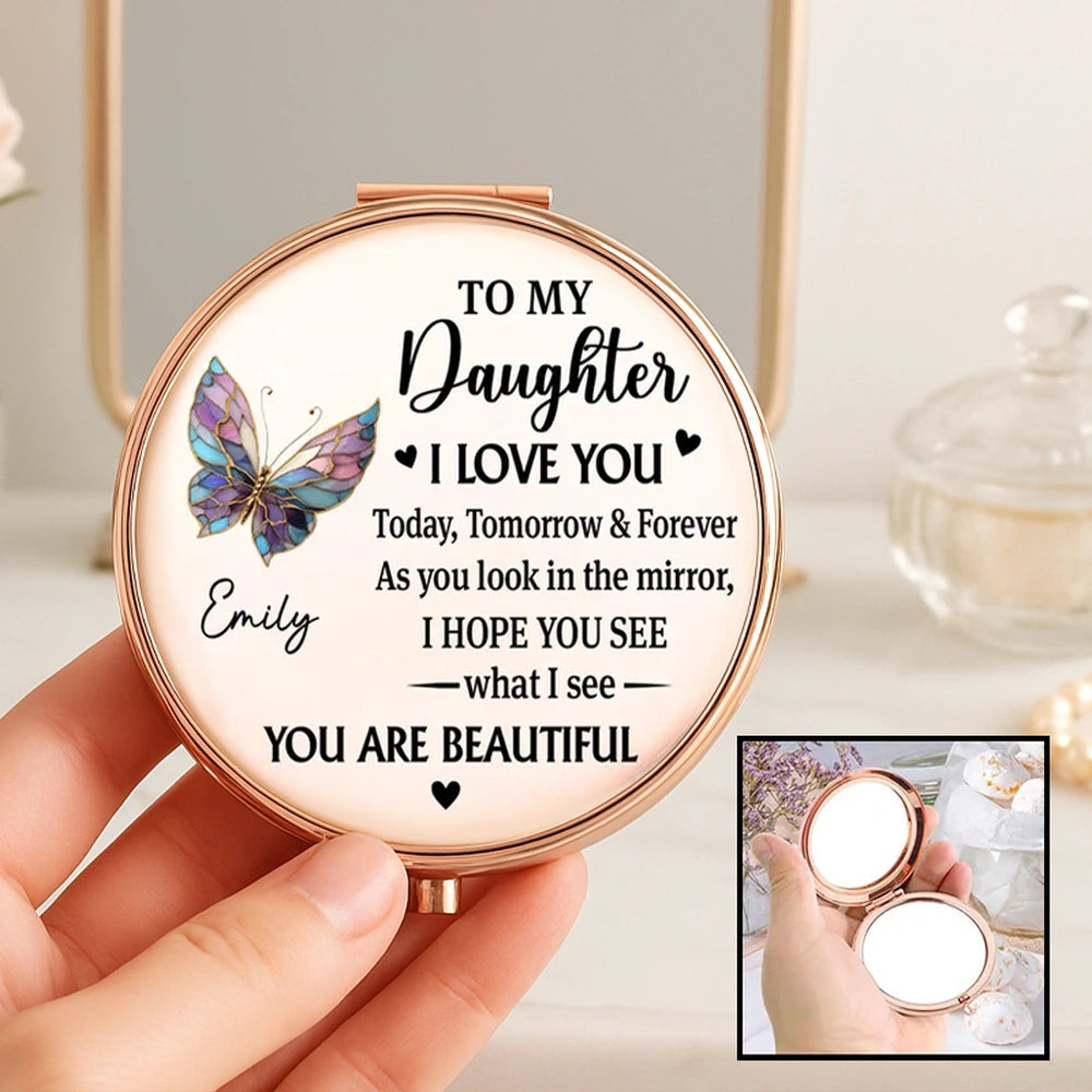 Personalized Metal Compact Mirror for Daughter, Butterfly Love Quote, Everyday Purse Keepsake, Unique Gift