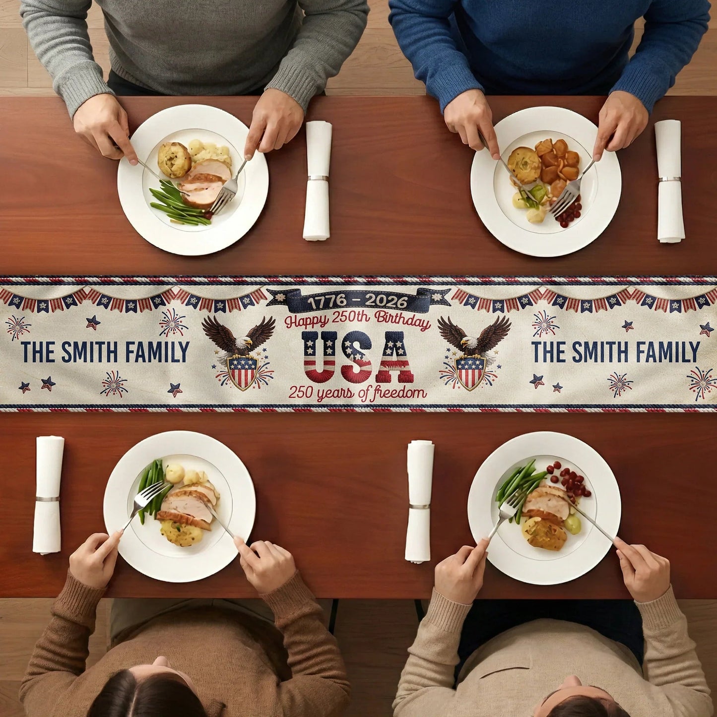 Personalized USA 250th Anniversary Table Runner with Patriotic Eagles & Fireworks - Unique Creative Gift for Family Hosts