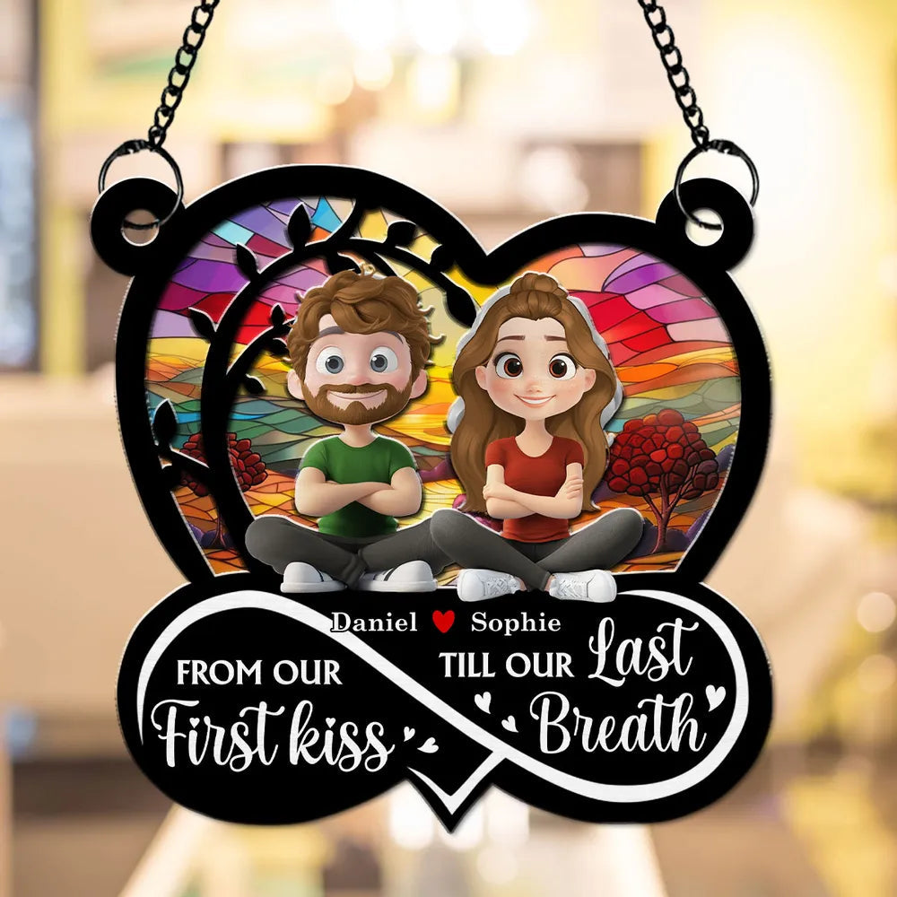 Personalized "First Kiss Till Last Breath" Couple Silhouette Heart Ornament | Custom Wood Acrylic Anniversary Gift