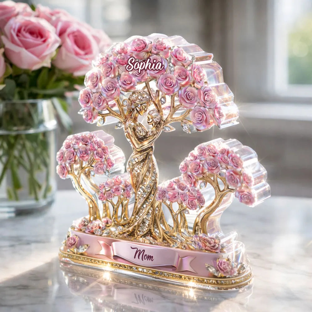 Personalized Shaped Acrylic Block Plaque with Mom and Child Under Rose Trees, Unique Heartfelt Gift for Mom