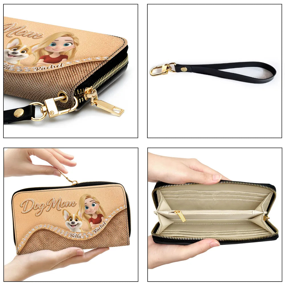 Personalized Dog Mom Leather Long Wallet, Custom Cartoon Woman & Puppy, Sleek Daily Carry, Unique Gift for Her