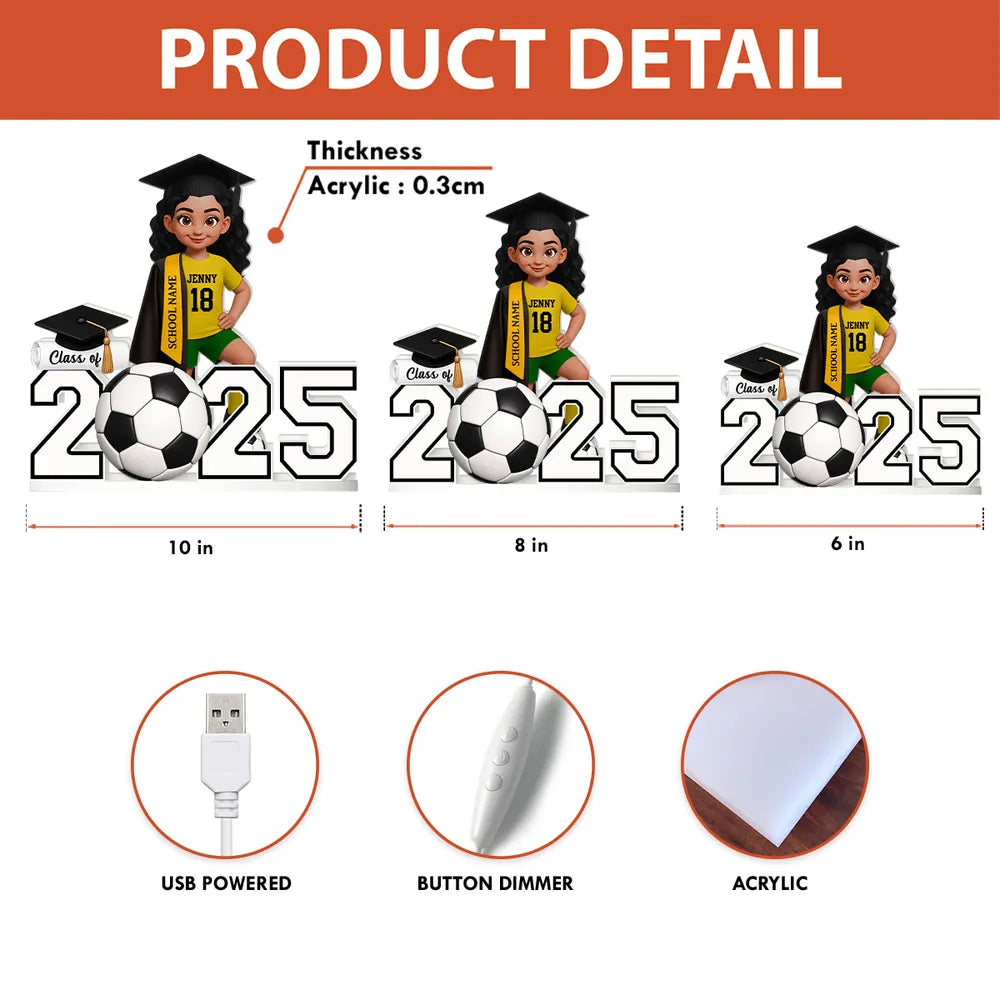 Custom Class Acrylic Light Box with Graduation Cap and Soccer Theme, Warm Atmosphere Lamp for Bedroom or Bookshelf, Memorable Gift