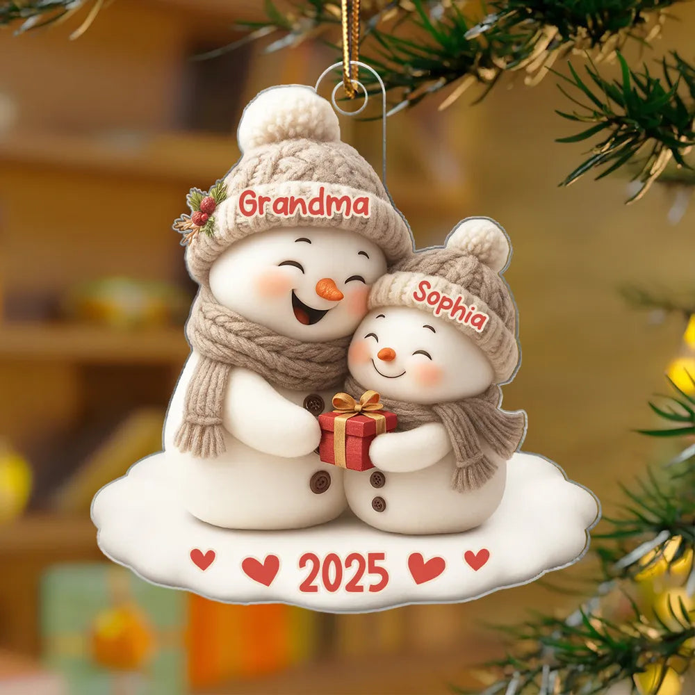 Personalized Acrylic Ornament for Grandma & Grandkid Snowman Hug Christmas Tree Decor Unique Family Gift