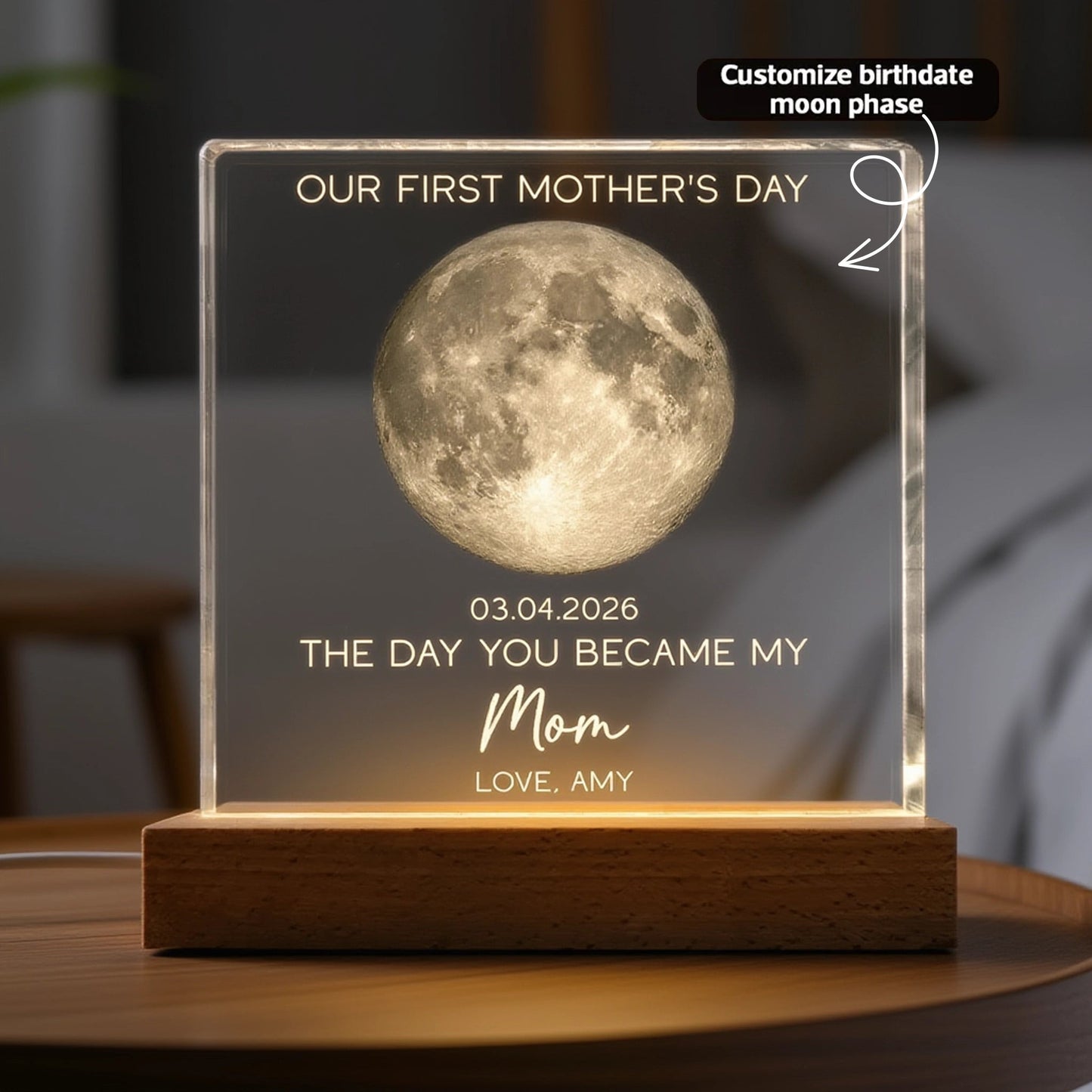 Personalized Moon Phase Block LED Light Plaque for First Mother's Day - Unique Gift for a New Mom, Warm Cozy Night Light