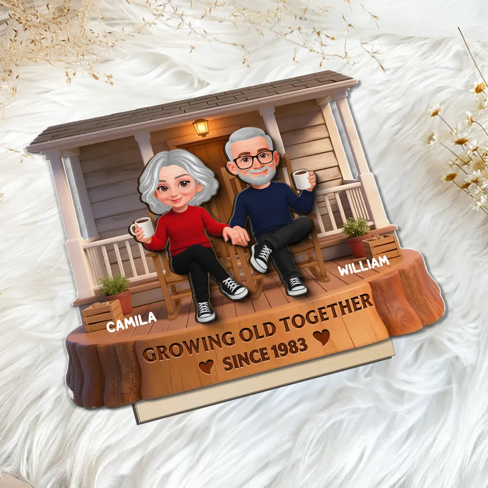 Personalized 2-Layer Wooden Plaque, Couple Holding Hands on a Cozy Front Porch, Growing Old Together, Unique Gift for Him & Her
