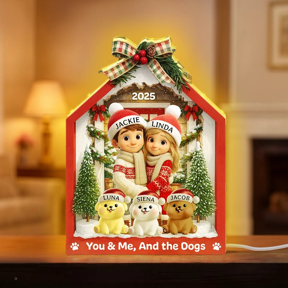 Acrylic Light Box with Couple & Pets Scene | Cozy Winter Holiday Decor, Perfect Gift for Lovers or Families