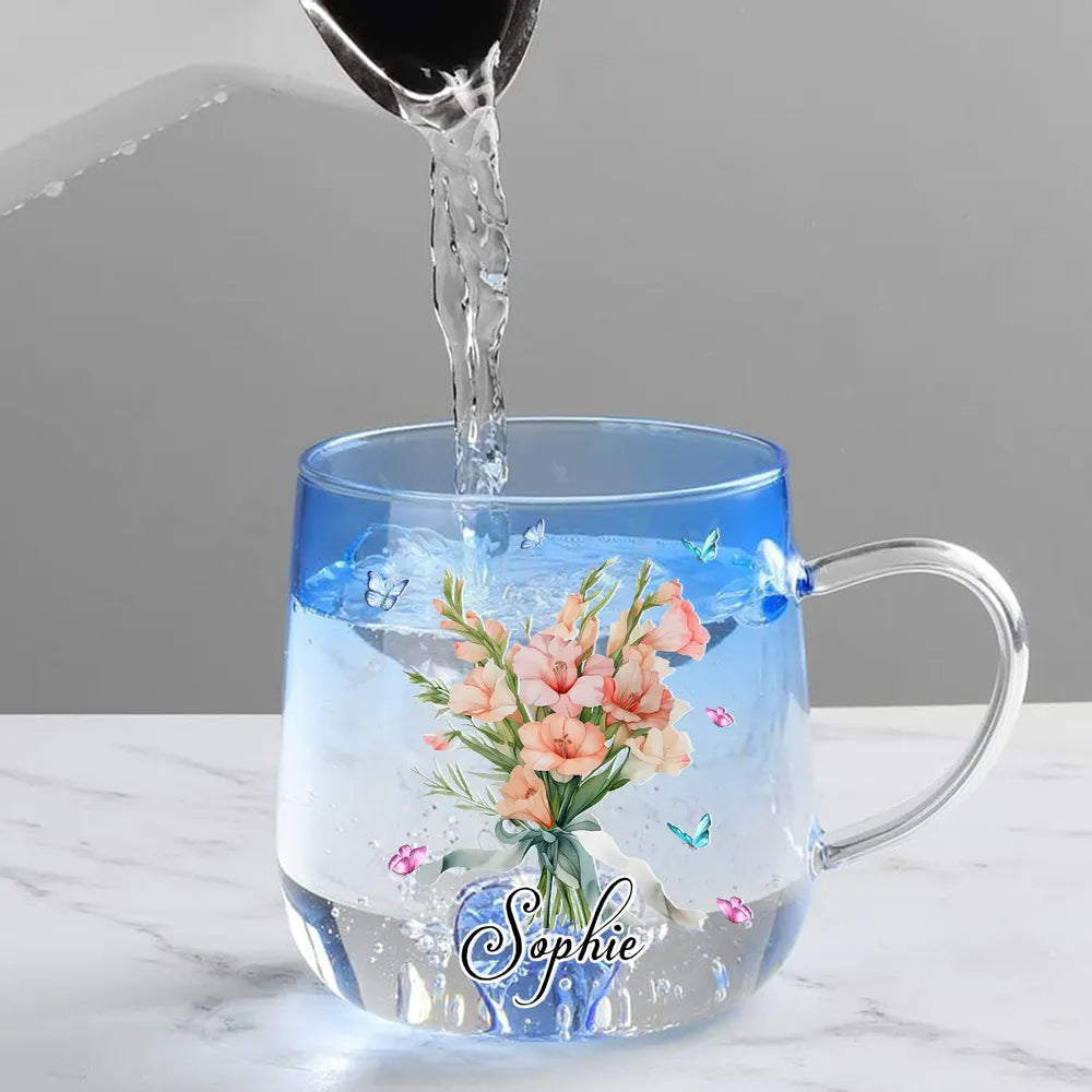 Blue Gradient Glass Mug with Floral Bouquet and Butterflies, Personalized Name Gift for Her, Everyday Coffee or Tea