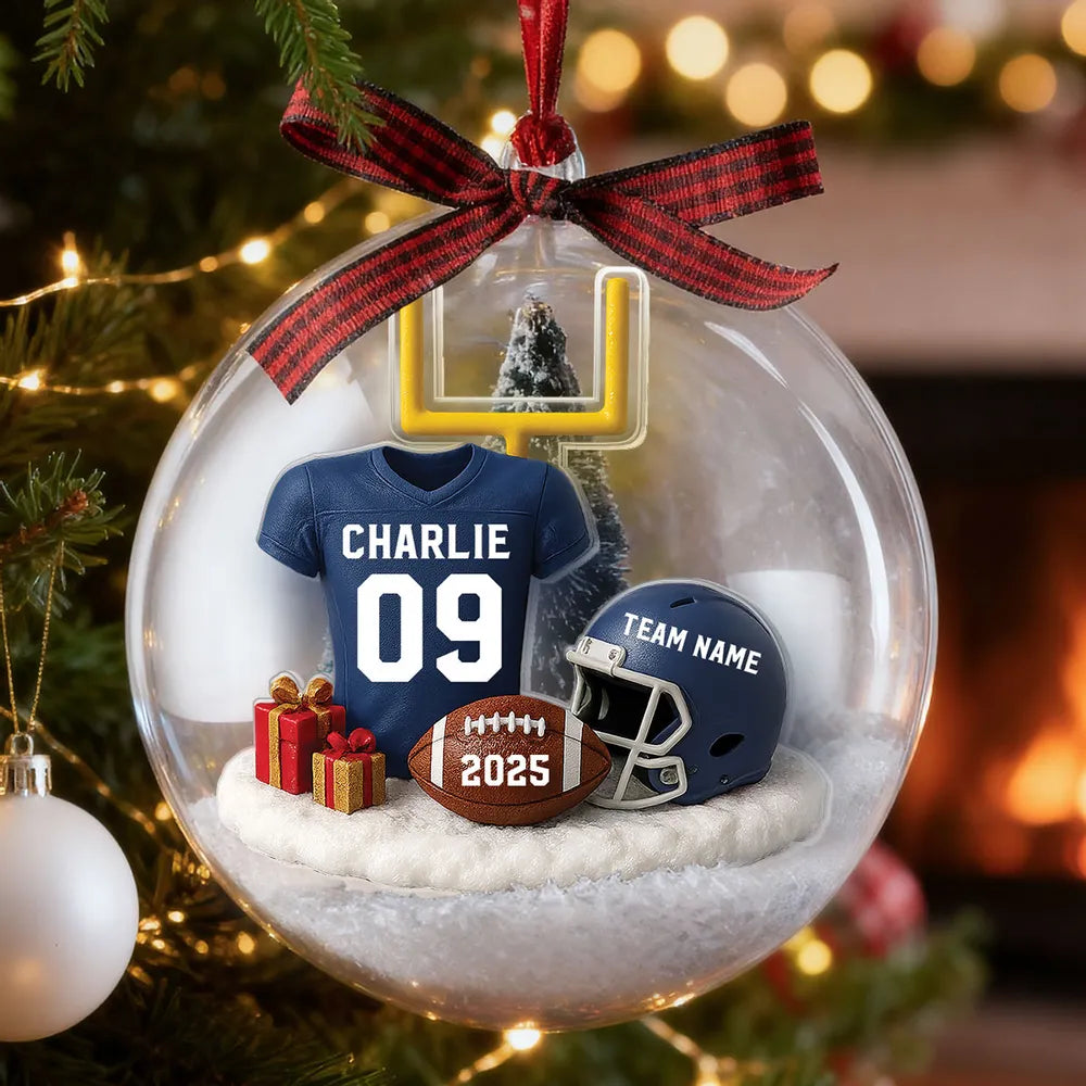 Snow Globe Ornament - Football Jersey, Helmet & Goal Post, Customizable, Christmas Tree Decor, A Unique Gift for Players & Fans