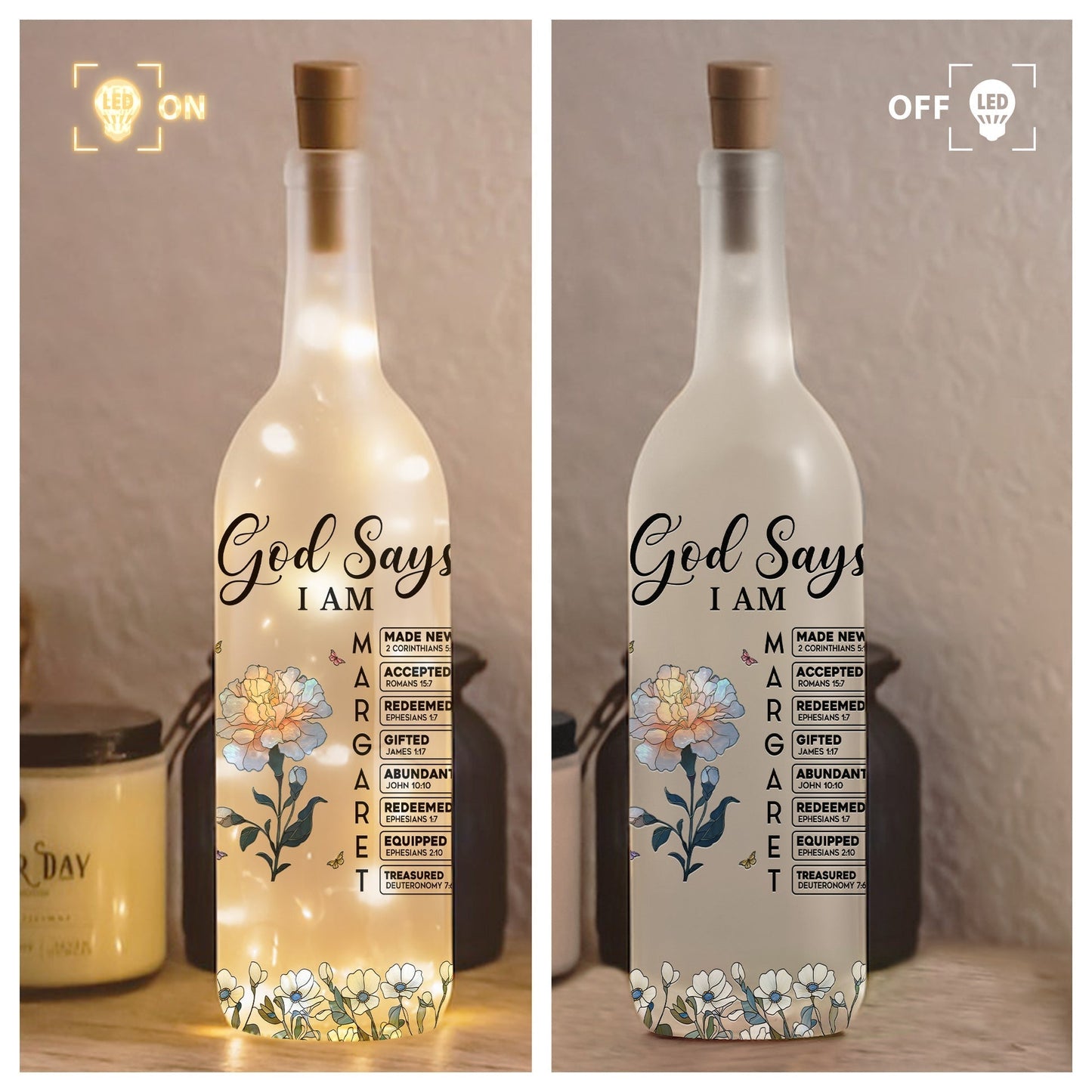 Faith-Inspired Bottle Lamp with Floral Scripture Design – Perfect Gift for Spiritual Home Décor