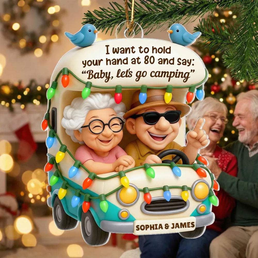 Personalized Camping RV Acrylic Ornament, Smiling Older Couple Road Trip Scene, Warm Holiday Decor, Creative Christmas Gift for Couples