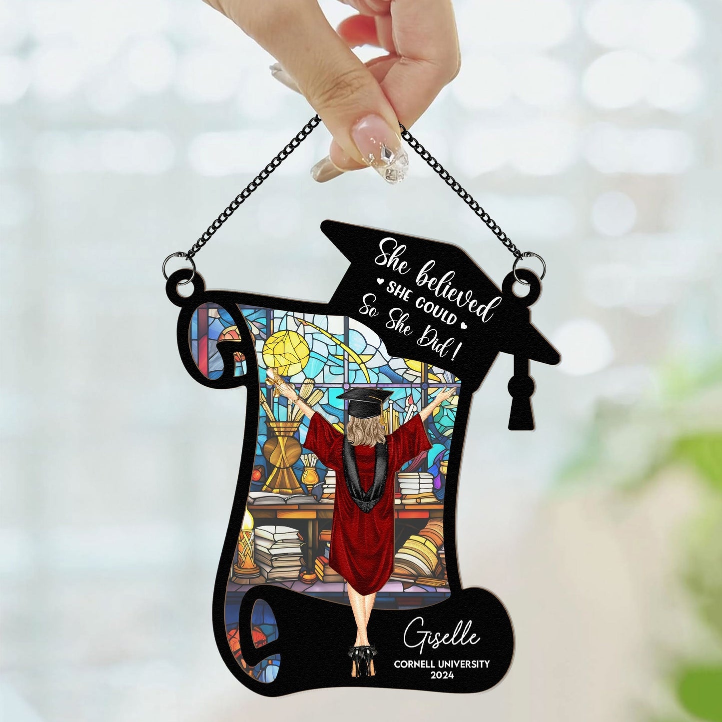 Wood and Acrylic Layered Ornament with 'She Believed She Could So She Did' Graduation Quote, Personalized Window Decor, Thoughtful Gift