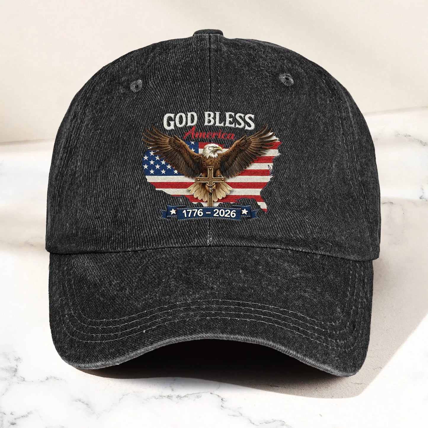 Personalized Washed Denim Baseball Cap, God Bless America Eagle Flag Design, Vintage Look Everyday Wear, Unique Gift