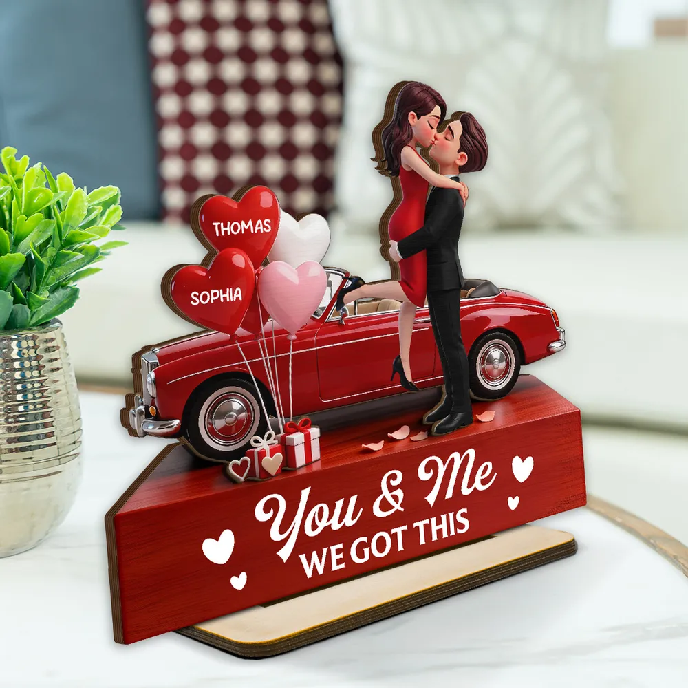 Personalized 2-Layer Wooden Plaque Couple Hugging by a Red Car, You & Me We Got This, Unique Valentine's Day Gift