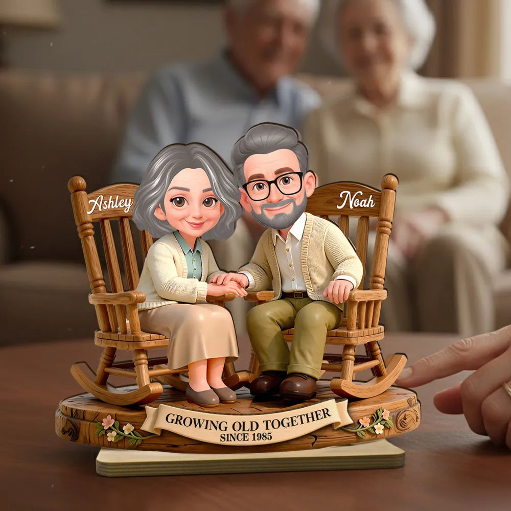 Personalized 2-Layer Wooden Plaque with Couple Holding Hands in Rocking Chairs, Sweet Keepsake Decor, Unique Gift for Wife or Husband