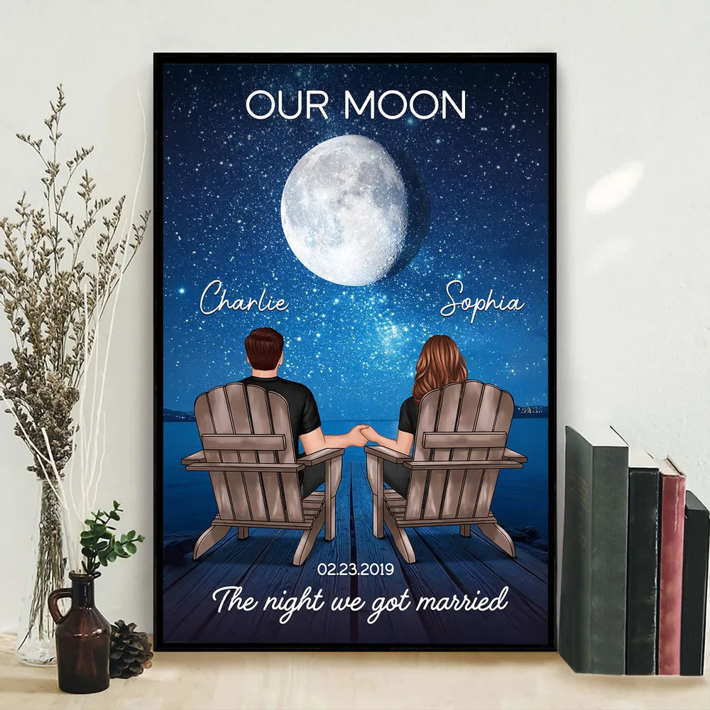 Personalized Moon Poster, Couple Holding Hands by the Ocean at Night, Unique Romantic Gift for Her or Him