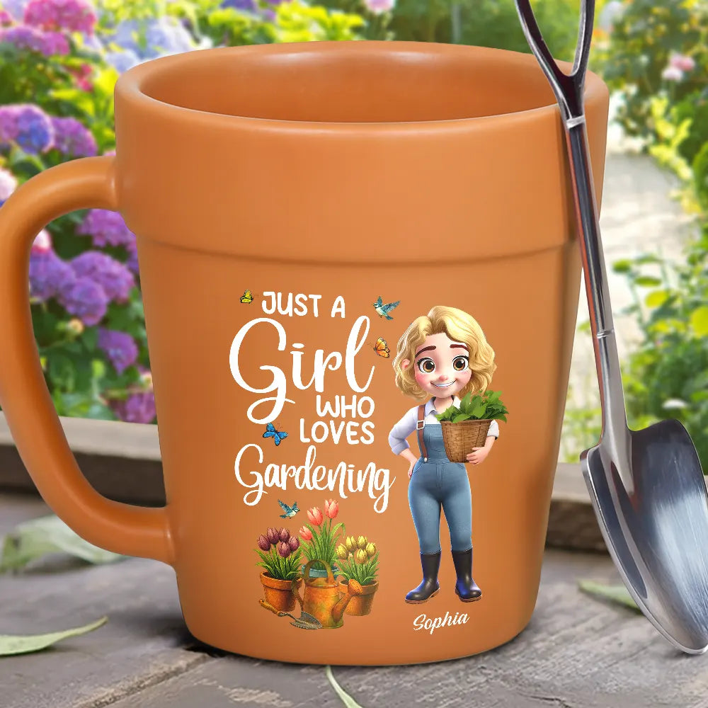 “Just a Girl Who Loves Gardening” Plant Pot Mug with Spoon – Custom Gardener