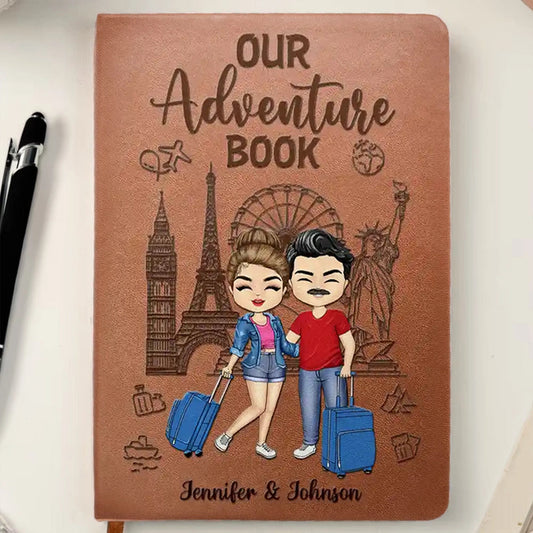 Personalized Our Adventure Book Leather Journal for Couples, Cute Travel Cartoon Cover, Unique Gift for Him or Her