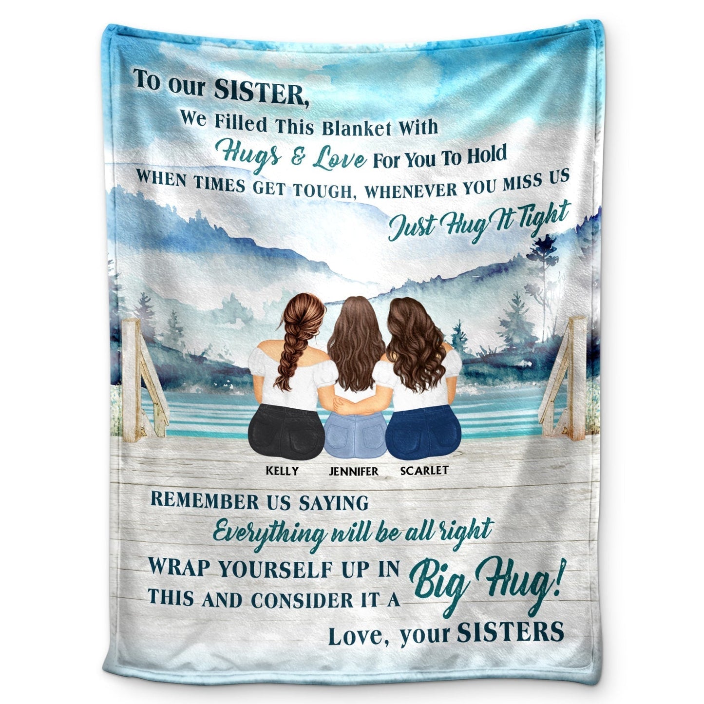 "To Our Sister" Personalized Custom Watercolor Sisters Hug Fleece Blanket, Unique Healing Gift for Sister, Friend, Soulmate