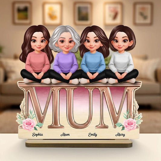 Personalized 2-Layer Wooden Plaque with Mum Letter Design, Custom Family Cartoon Display, Unique Gift for Mom