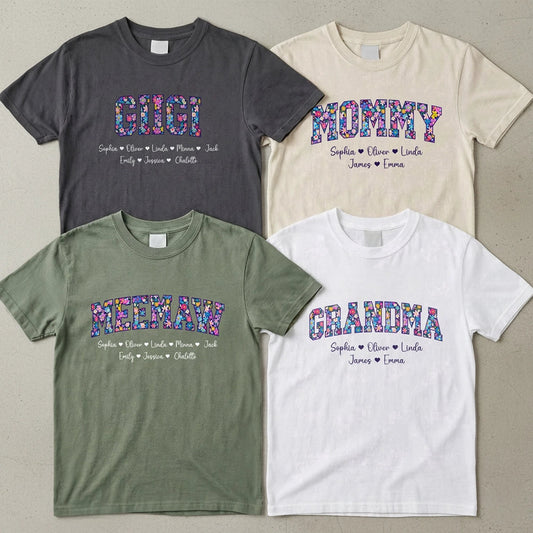Personalized Floral Grandma Classic Tee with Custom Names, Bright Vintage-Style Lettering, Unique Gift for Grandma