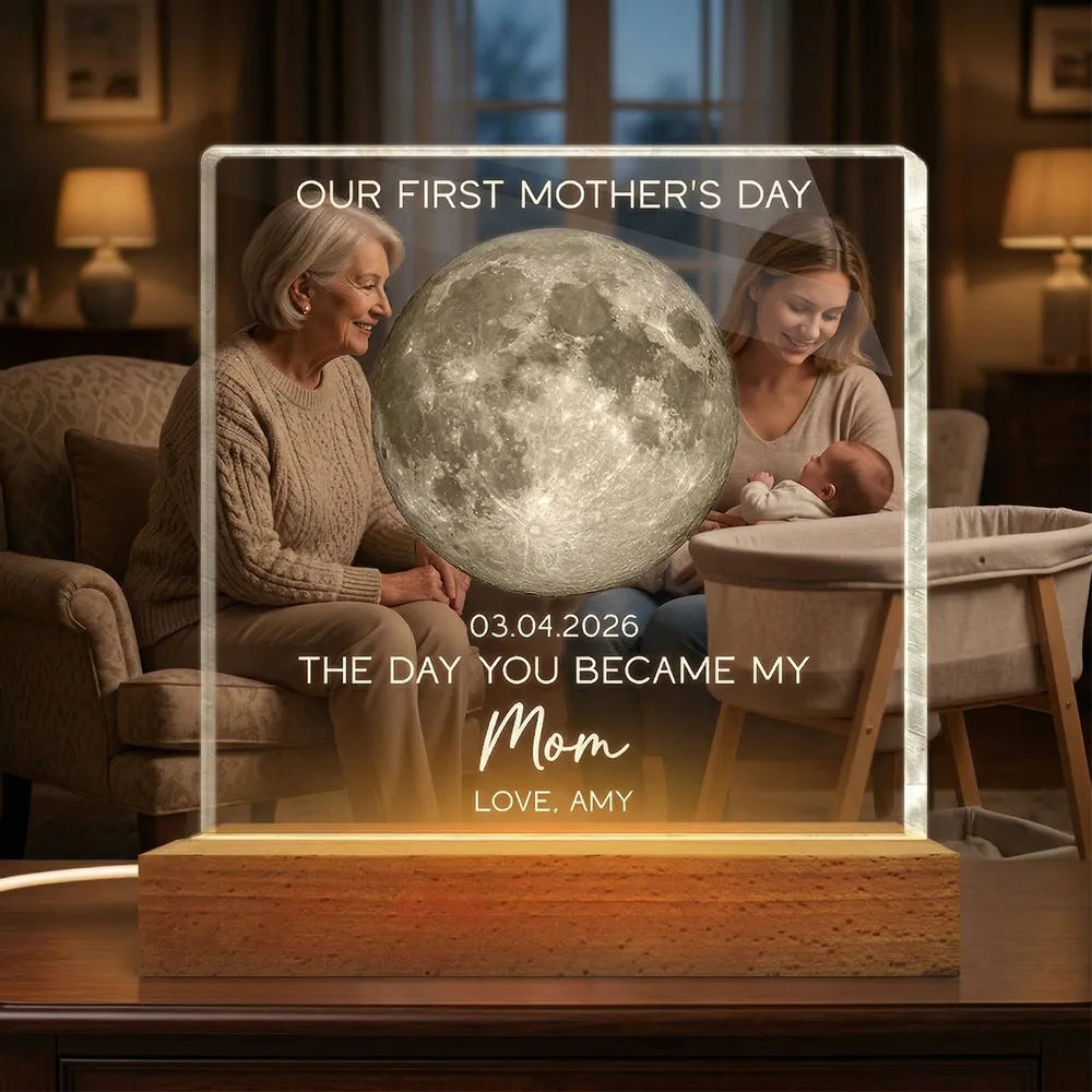 Personalized Moon Phase Block LED Light Plaque for First Mother's Day - Unique Gift for a New Mom, Warm Cozy Night Light